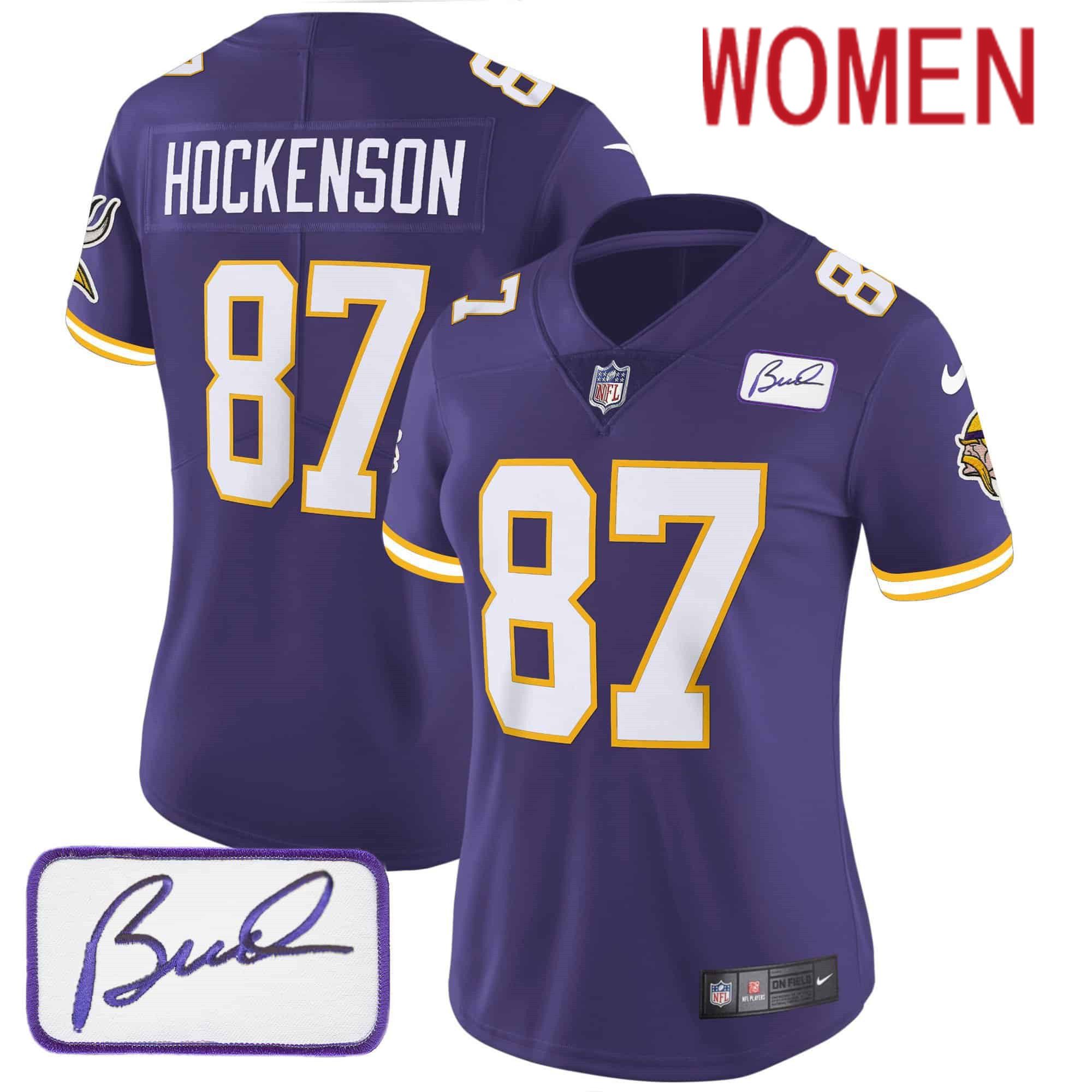 Women Minnesota Vikings #87 Hockenson Purple 2024 Nike Bud Grant Patch Classic Limited NFL Jersey style 3